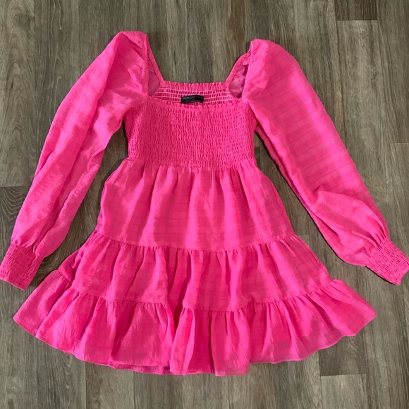UO River Smock Long Sleeve Hot Pink Ruffle Plaid Mini Dress - OBO - Picture 8 of 9